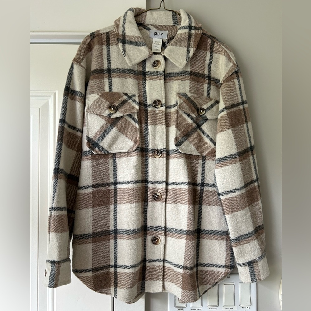Suzy Shier Plaid Utility Jacket - Brown and Cream